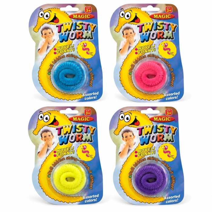 Magic Twisty Worm – sprężynujący robak-zabawka w opakowaniu, dostępny w kolorze niebieskim, różowym, żółtym lub fioletow